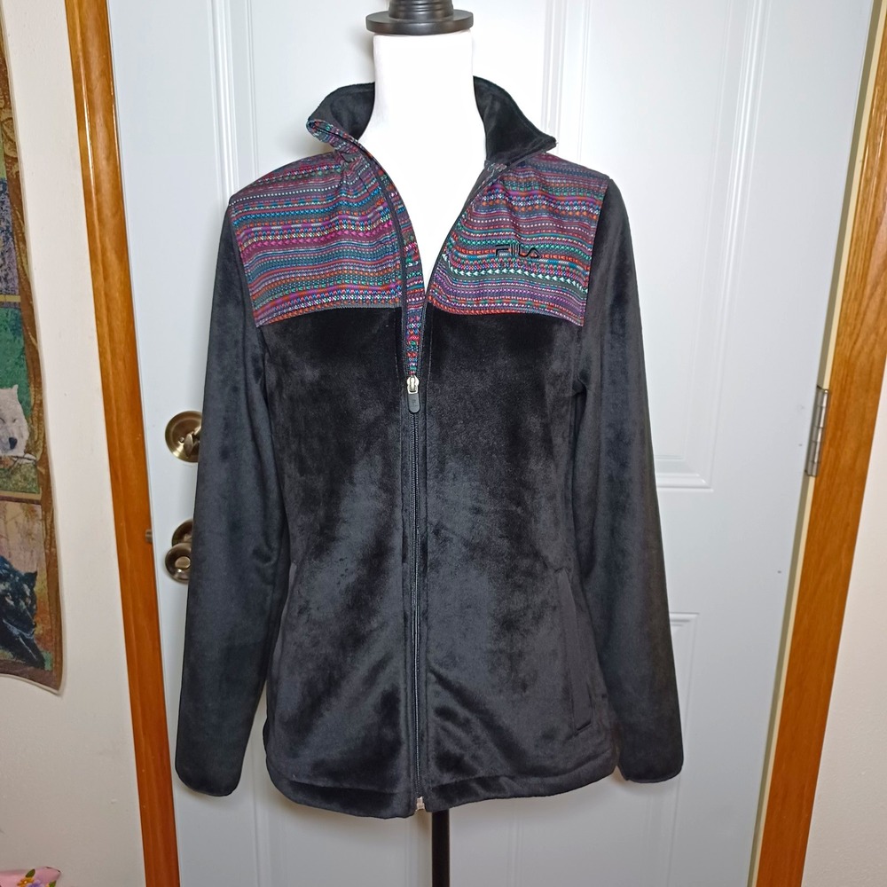 FILA Sport Womens S Black Multicolor Full Zip Fleece Jacket Pockets Geometric